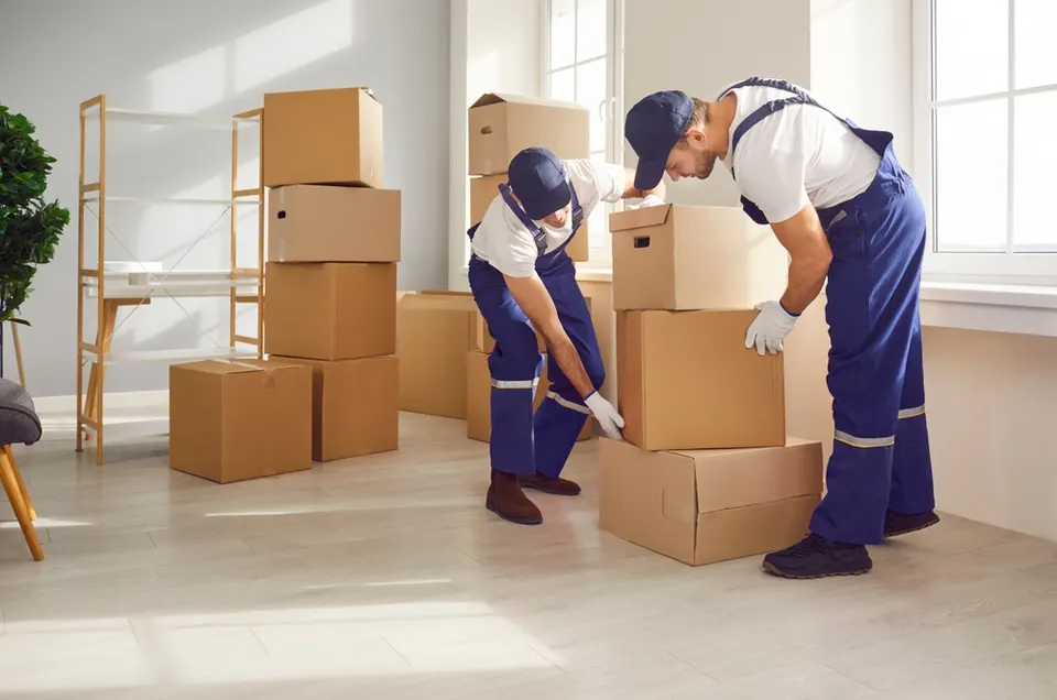Deux déménageurs soulevant des cartons dans un appartement lumineux