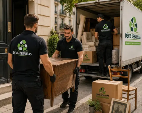 Équipe Devis Débarras chargeant une commode dans le camion devant un immeuble